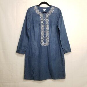J Jill chambray embroidered tunic dress denim blue size Missy S w/ pockets